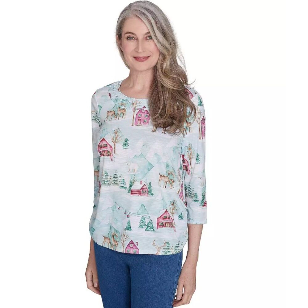 NEW NWT Multicolored DEER VILLAGE Sz Small Christmas Holiday Shirt ALFRED DUNNER